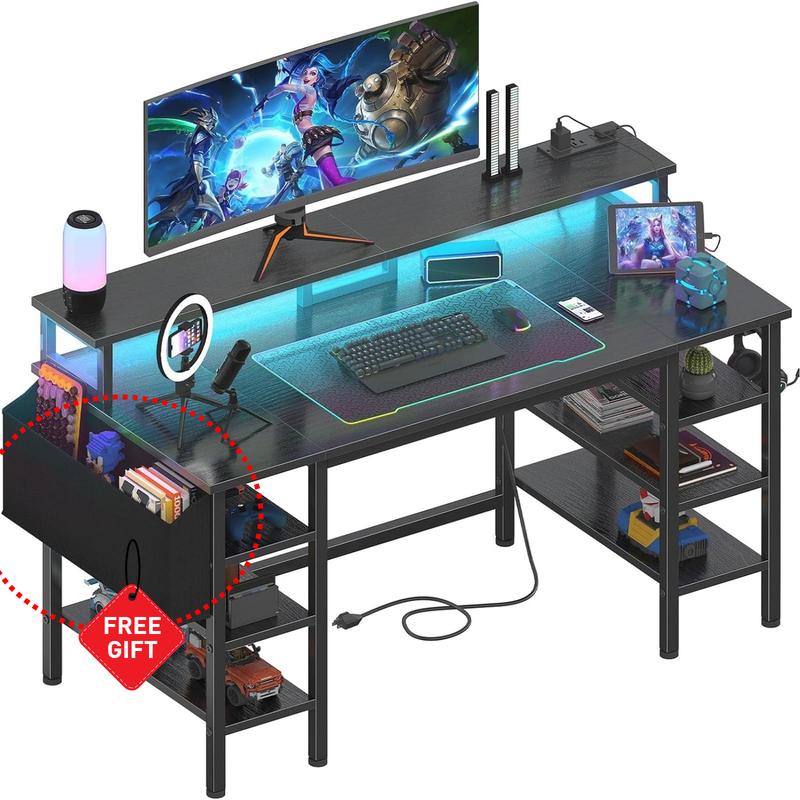 Lufeiya Gaming Desk with LED Lights and Storage Shelves, 47 inch Computer Desk with Power Outlets, Home Office Desk with Monitor Stand, Writing Table PC Desks, Black, Get Free Gift