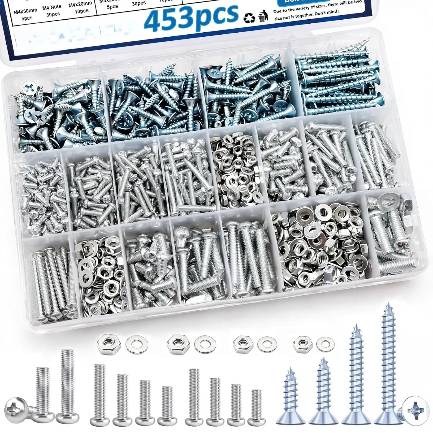 453 count  Screws with Nuts and   Kit 21-Sizes M3/M4/M5/M6 Nut Bolt Washer  Kit 6 Sizes Drywall Screws for Machinery, Furniture, Automotive,  Repairs