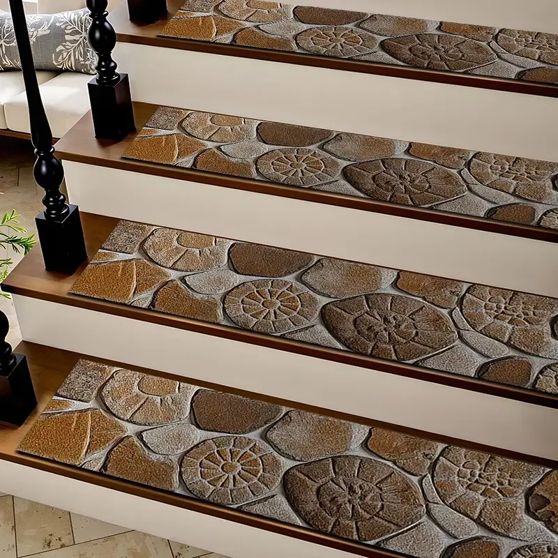 6/8/15 Piece Stair Mat Set, Irregular Stone Pattern, Indoor Outdoor Non-Slip Carpet, Wooden Stairs, Rubber Bottom, Kids Elderly Pet Friendly