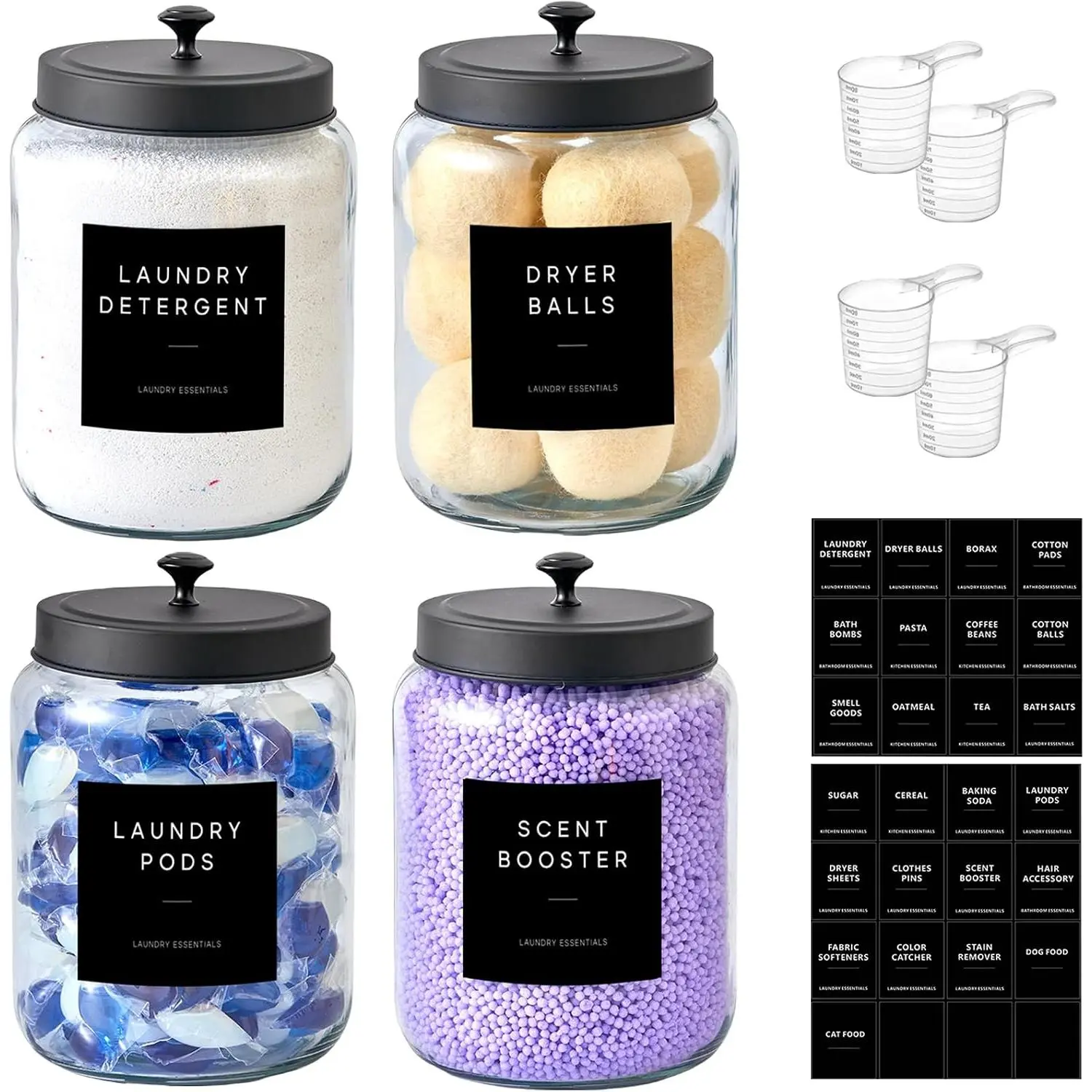 Glass Jars Laundry Containers with Lid, 0.5 Gallon Laundry Organization and Storage Jars, Laundry Detergent Container Laundry  Pods Holder, Glass Jar Wide Mouth with Scoops, Labels, 4 Pack