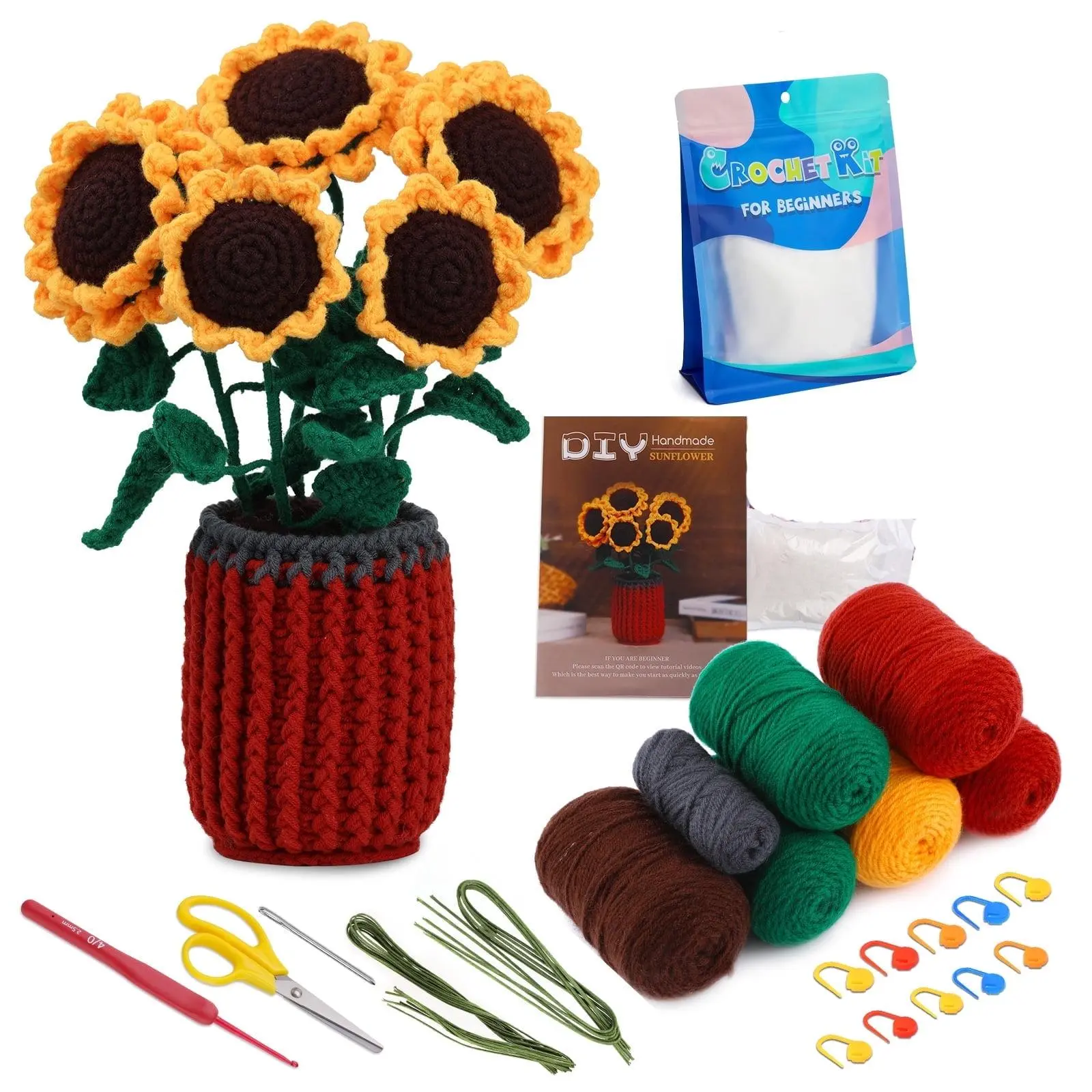 Crochet Kit for Beginners, Sunflower Crochet Starter Kit for Adults Women, DIY Knitting Craft Kit with Step-by-Step Supplies, Handmade Flower Crochet Set, Christmas Thanksgiving Birthday Gift