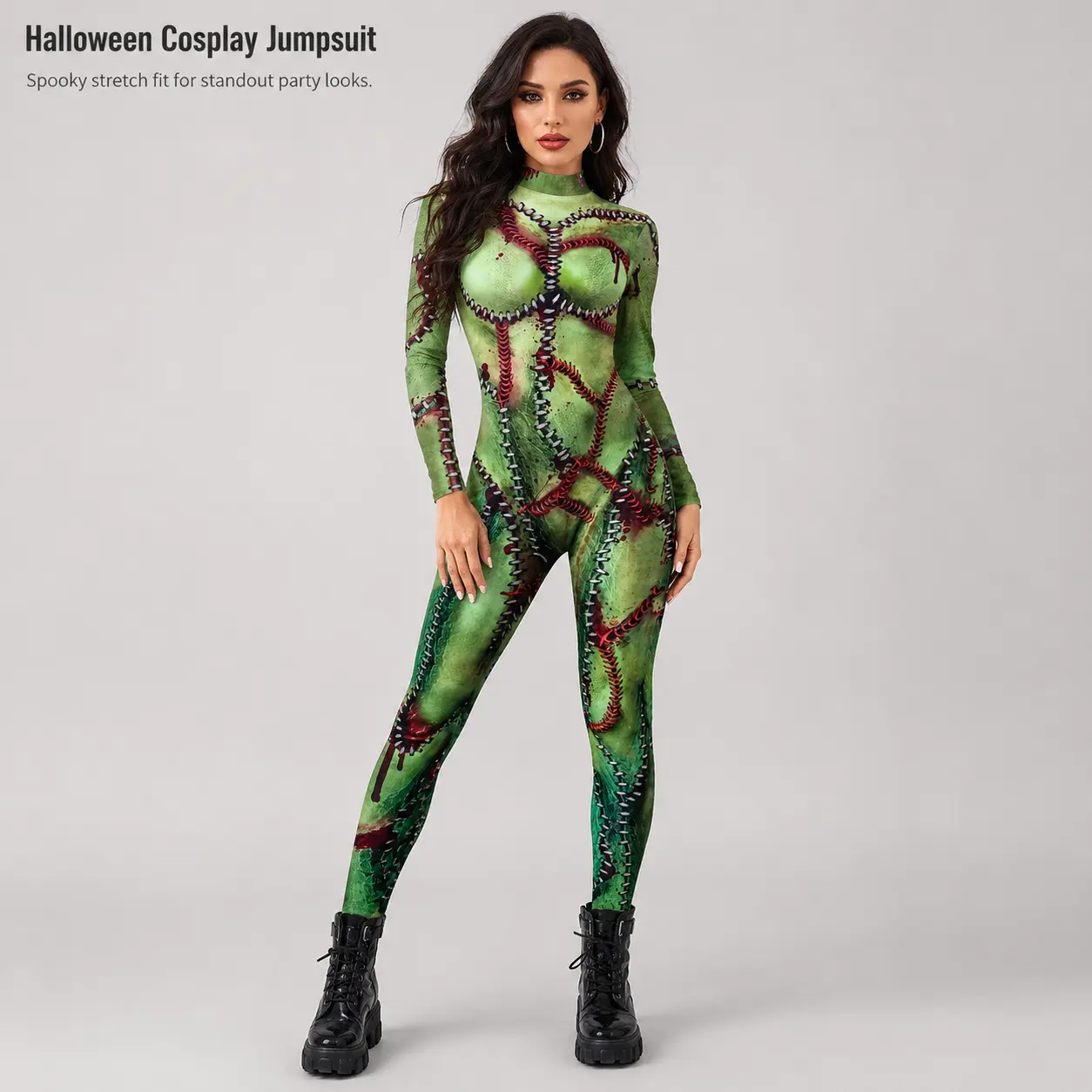 Women’s Halloween Zombie Costume Jumpsuit, Green Stitched Monster Print Bodysuit, Long Sleeve Mock Neck Bodycon One Piece Outfit, Spooky Horror Cosplay Costume for Halloween Party, Haunted House, Theme Event, Carnival, Club, Photo Shoot and Dress Up