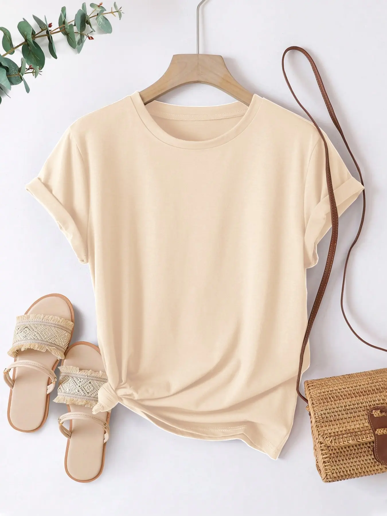 Women's Casual Solid Color T-Shirt, Soft Stretch Polyester Round Neck Short Sleeve, Slim Fit for All Seasons, Comfortable Daily Wear