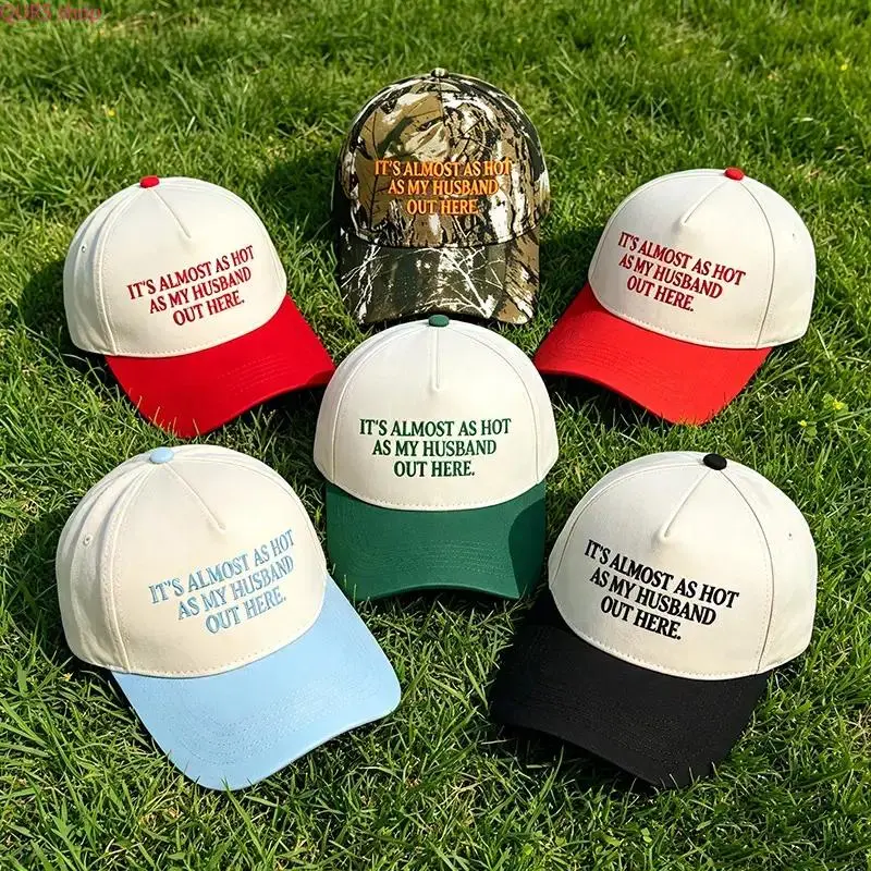 Funny Embroidered Two-Tone Camo Snapback Hat For Women, Retro Aesthetic Baseball Cap With Slogan "Almost As Hot As My Husband", Trendy Summer Statement Headwear Perfect For Casual Street Outfits & Vacation Daily Looks
