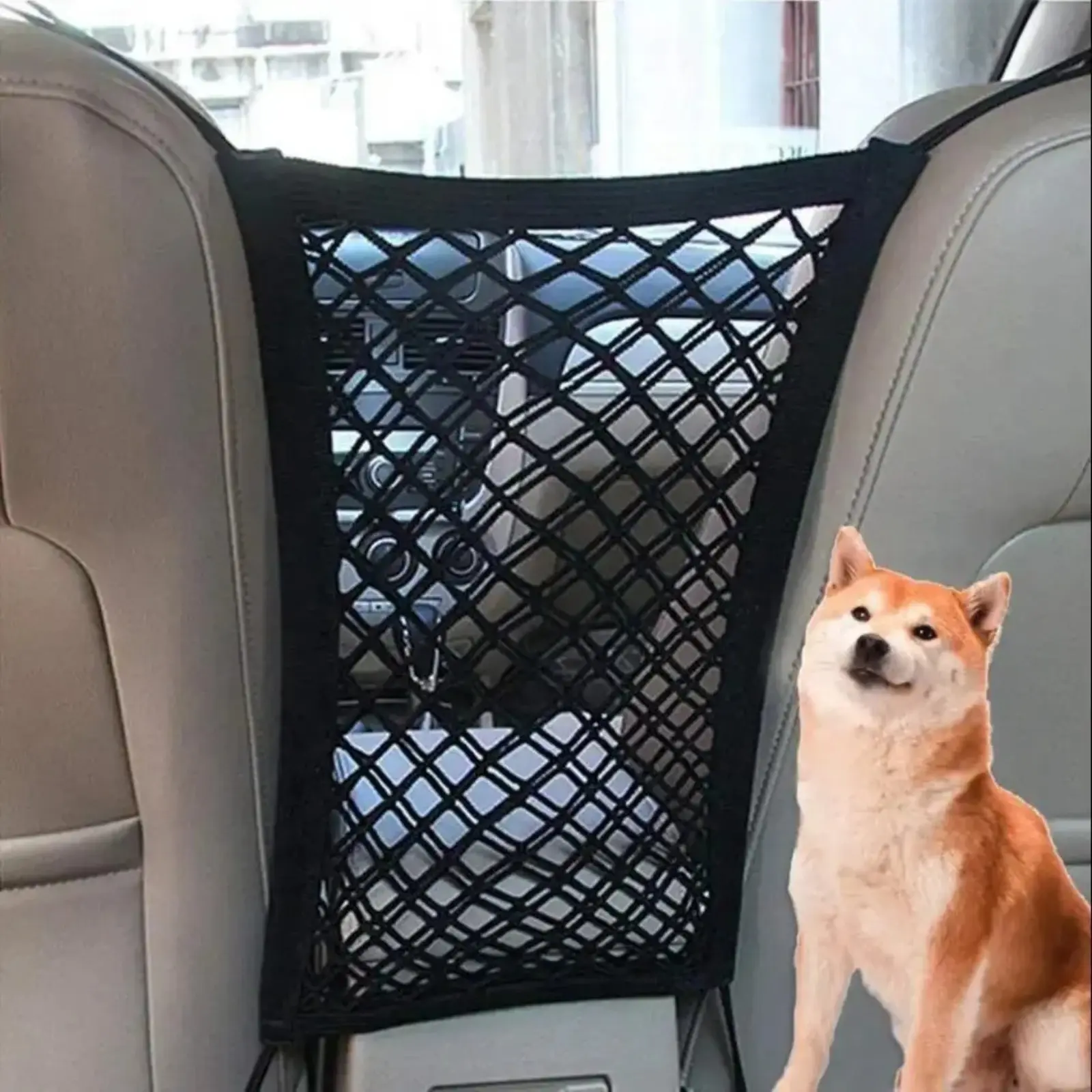 Universal Car Pet Barrier Mesh Net, Dual-Function Backseat Safety Divider with Seat Gap Storage Pockets, Vehicle Pet Isolation Screen for Safe Road Trips & Neat Car Interior Organization
