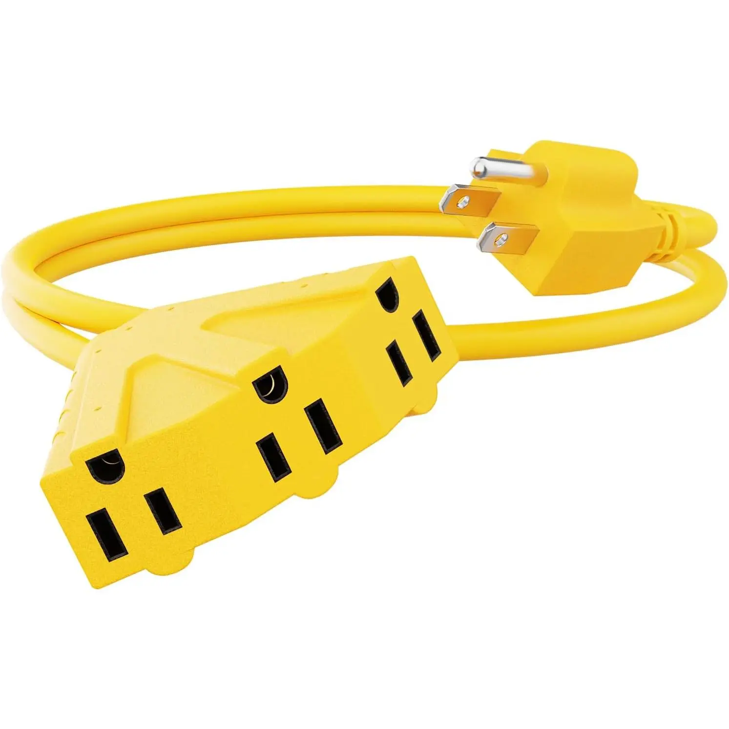 2FT Heavy Duty Weather Resistant Outdoor Extension Cord - 14AWG SJTW, 3 Outlets, 15Amp 1875W, ETL Listed, Synthetic, Hook Fastener, for Garage & Garden, Yellow, Ideal for Power Tools, Manufacturer Warranty, Reliable Customer Service