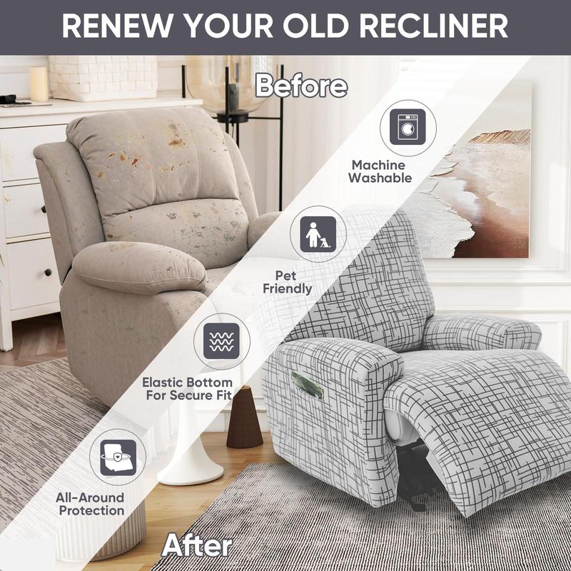 Lavishicover Line Pattern Elastic Recliner Chair Cover for Single Sofa, Noslip Recliner Slipcover with Side Pocket, Furniture Protector for Home Decor