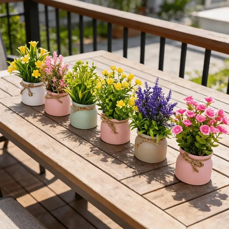 6 pieces of simple artificial flower mini-potted plants. Suitable for living room, bedroom, balcony, tabletop, bookcase, home decoration and outdoor/indoor settings. Simple design, easy to maintain, no need for watering.