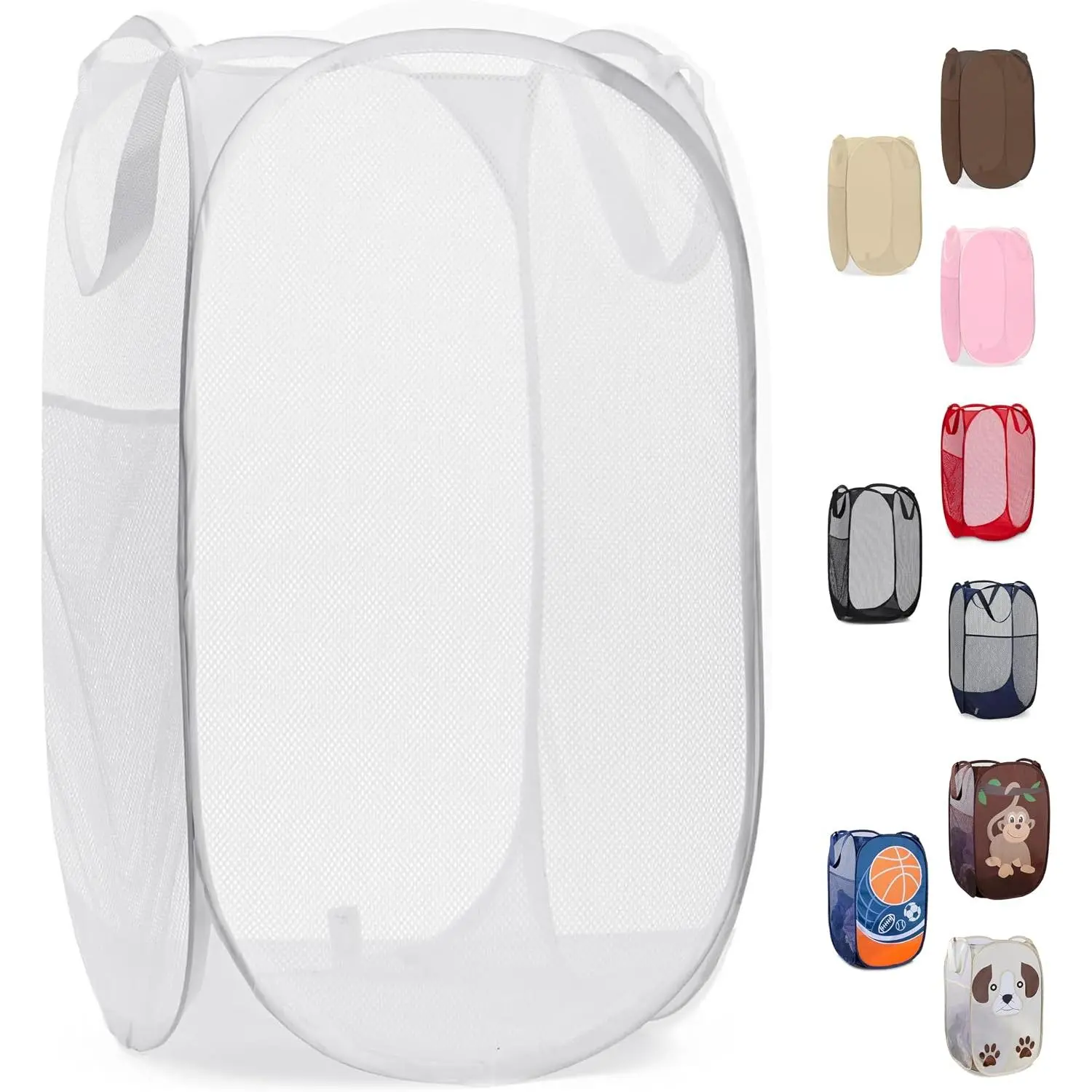 Pop Up  Hamper 71L Sturdy Collapsible Mesh (White) | Collapsible Mesh Pop Up Hamper, Wide Opening, Side Pocket, Breathable, Sturdy, Foldable, Space-Saving for Clothes Storage