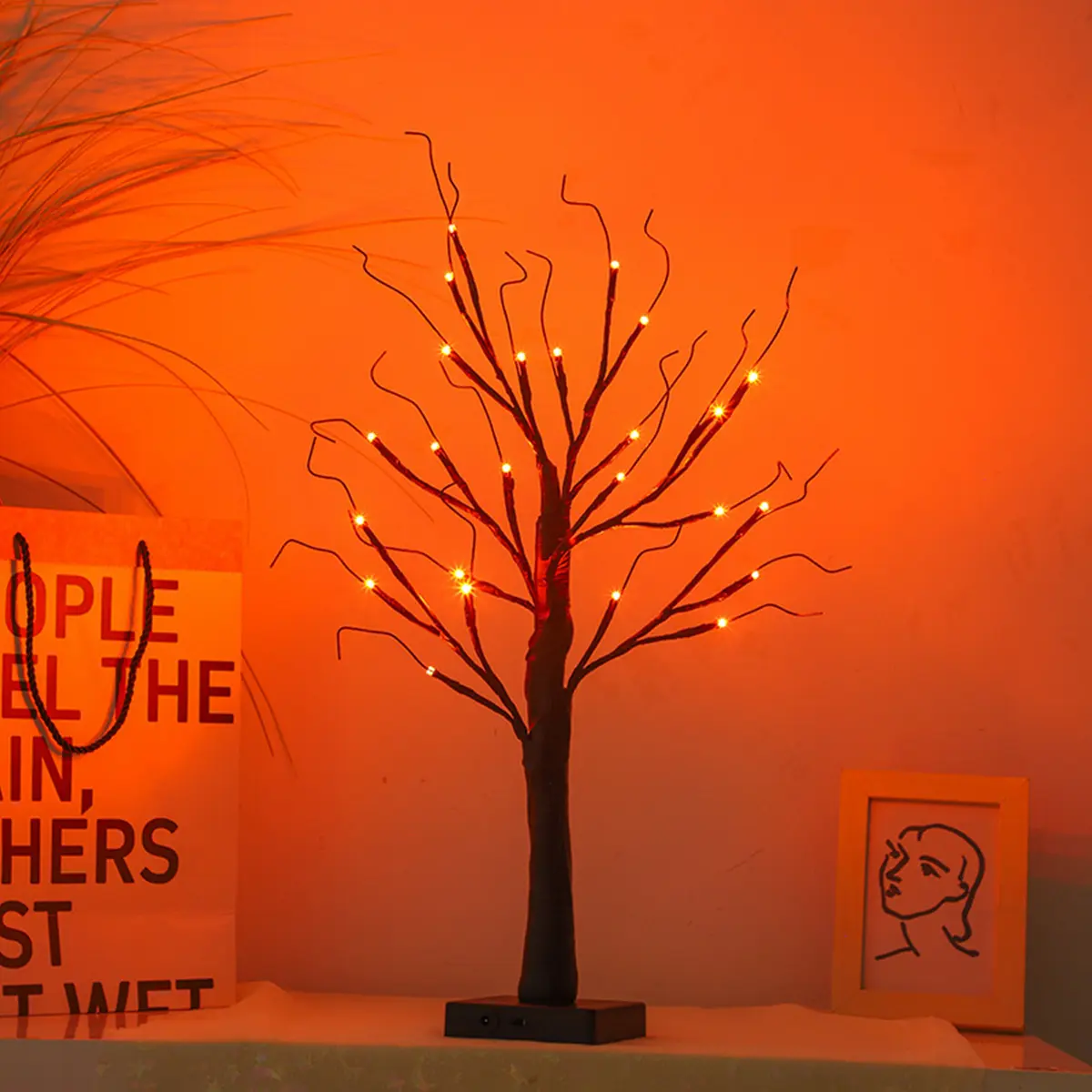 Halloween Party Centerpiece Decor, Light-Up Black Tabletop Tree, Battery Powered Spooky Orange Lighting Ornament