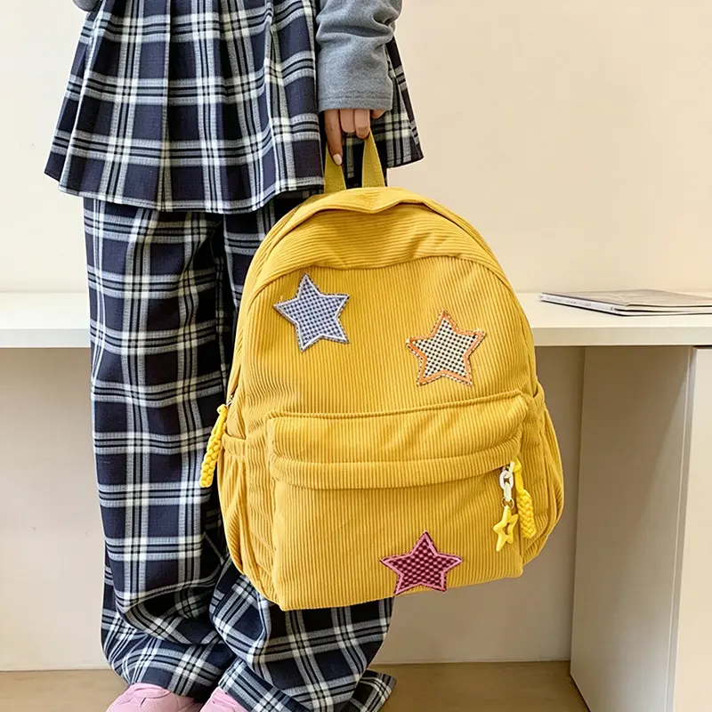 2026 Viral Indie Kid Corduroy Backpack for Teen Middle School Girls Cute Plaid Star Patch Ins Aesthetic Small School Bag, Y2K Retro Lightweight Casual Mini Laptop Daypack  for Campus Daily Travel OOTD