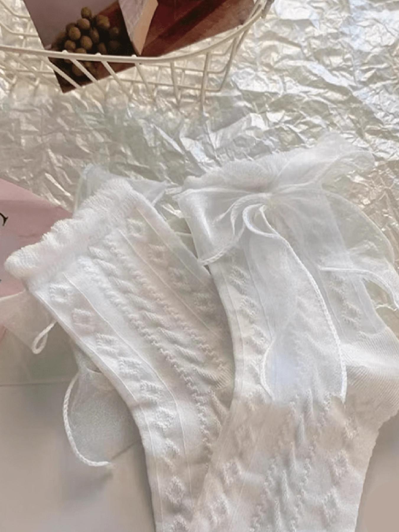 6 Pairs of Cute and Simple Women's Lolita Lace Bow Mid-Calf Socks, Comfortable Breathable Design for Everyday Wear, Lace Crew Socks, Floral Lace Socks