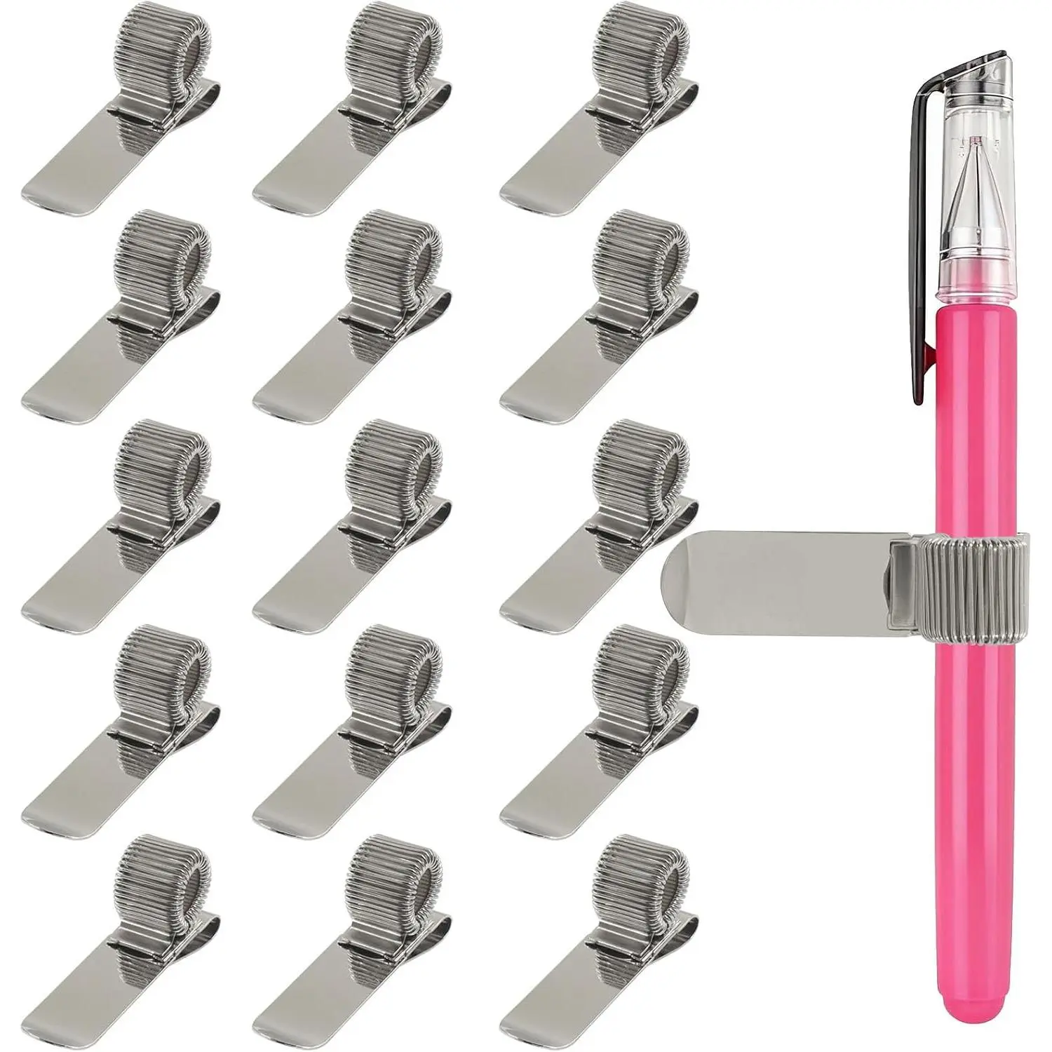 15 Pack  Pen Holder Clip, Metal, Transverse Style | Adjustable Pen Clip Spring Loop, For Notebook, Journal, Clipboard, Office Supplies Organizer