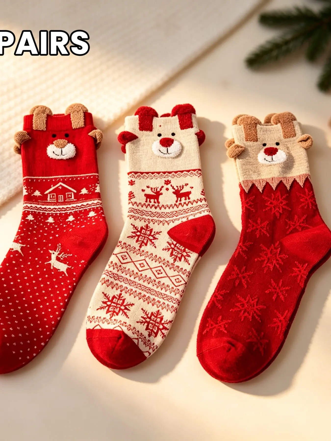 Christmas Reindeer Mid-Calf Socks, Soft Plush Antler Design, Knit Pattern, Festive Atmosphere, Perfect for Home Wear and Gifting