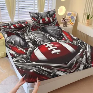 American Football Theme Fitted Sheet Set-1 Bed Sheet & 2 Coreless Pillowcases-Red Black Silver Color Highly Tense Graffiti Style Metallic Line Design-Non-Slip Deep Pocket Sport Style Bedroom Decor