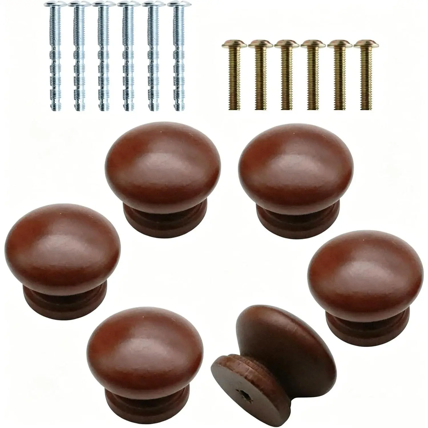 6Pcs Round Wooden Cabinet Knobs for Dresser Kitchen Cupboard Drawer Closet Door Furniture Hardware Pulls Handles Brown