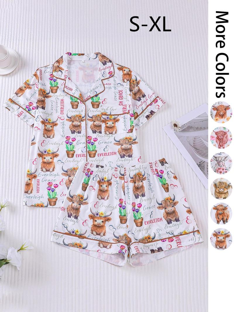 Women's All Over Print Pajama Two-piece Set, Casual Comfy Short Sleeve Top & Elastic Waist Shorts Loungewear Set, Ladies Summer Sleepwear