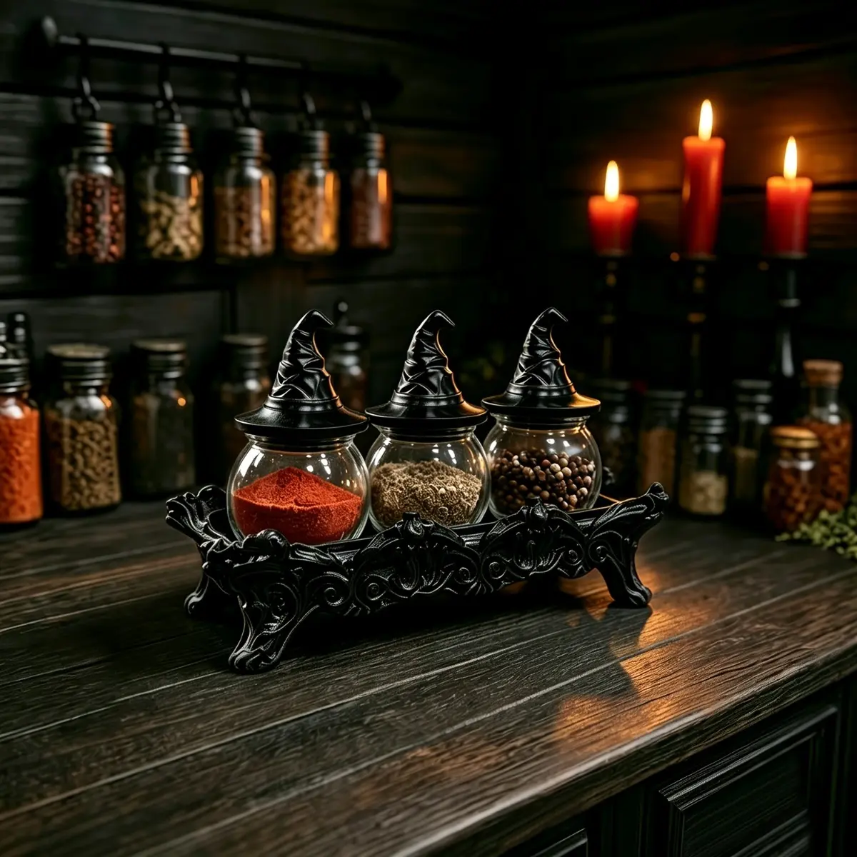 3 Pack Wizard Spice Jars Handmade Vintage Glass Seasoning Containers with Unique Lids Kitchen Countertop Food Storage Canisters Halloween Christmas Mystery Table Decor Housewarming Gift for Cooking Enthusiasts