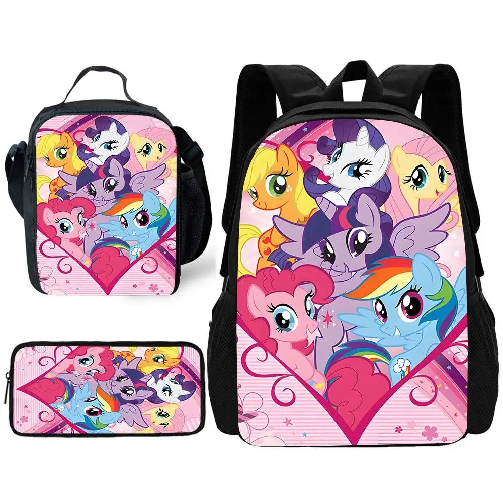 Child School Cute Kawaii Littles Ponys Backpack with Lunch Bags ,Pencil Bags ,School Bags for Boys Girls Best Gift