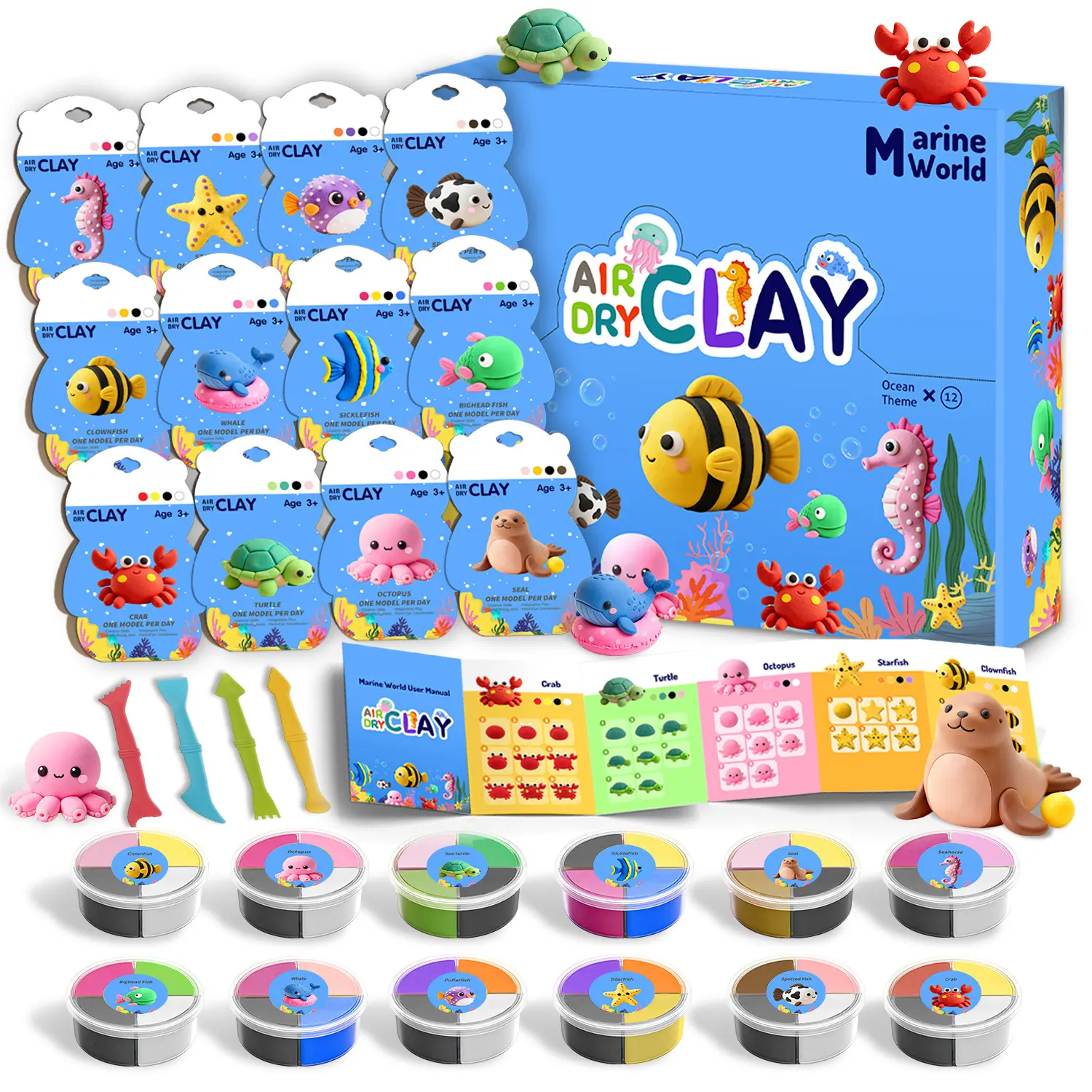 Air Dry Clay Kit, 12 Animals Modeling Clay for Kids, DIY Art Crafts Air Dry Clay with Sculpting Tools & Tutorials, Ultra Light & Soft, Safe Non-Sticky, Party Favors Birthday Gift for Boys & Girls