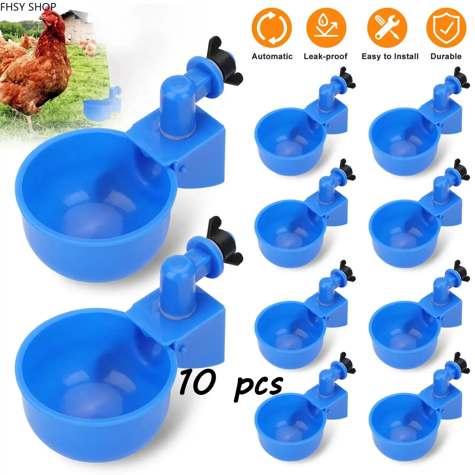 10 Pack Automatic Poultry Waterer Cups, Leak-Proof Gravity-Fed System for Chickens, Ducks, Geese & Turkeys in Farm Coops, Easy, Feeder