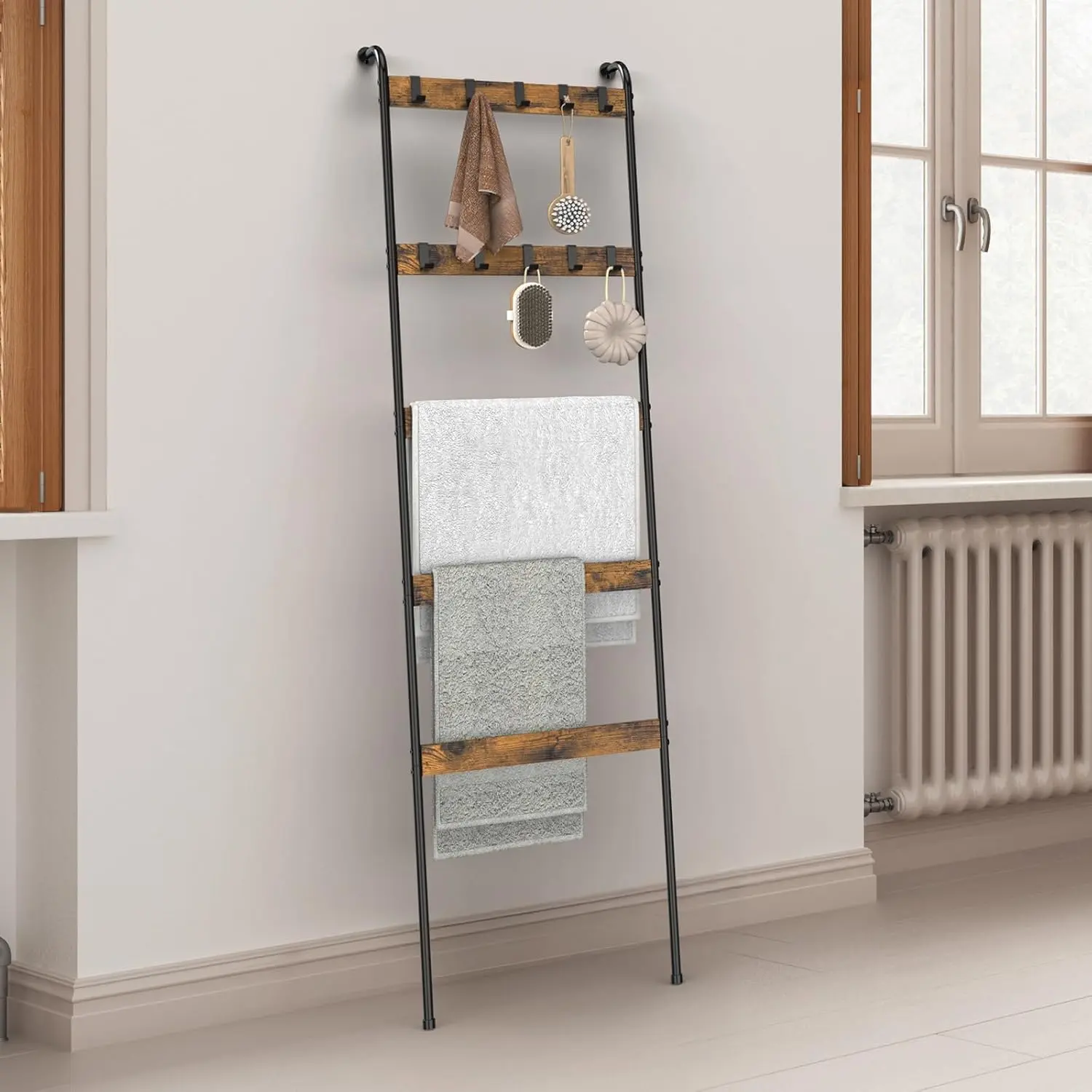 Rustic Brown 5-Tier Metal Blanket Ladder Shelf - Wall Leaning & Wall Mount Storage Rack with 10 Removable Hooks, Easy Installation for Living Room & Bedroom Home Decor, Shelves