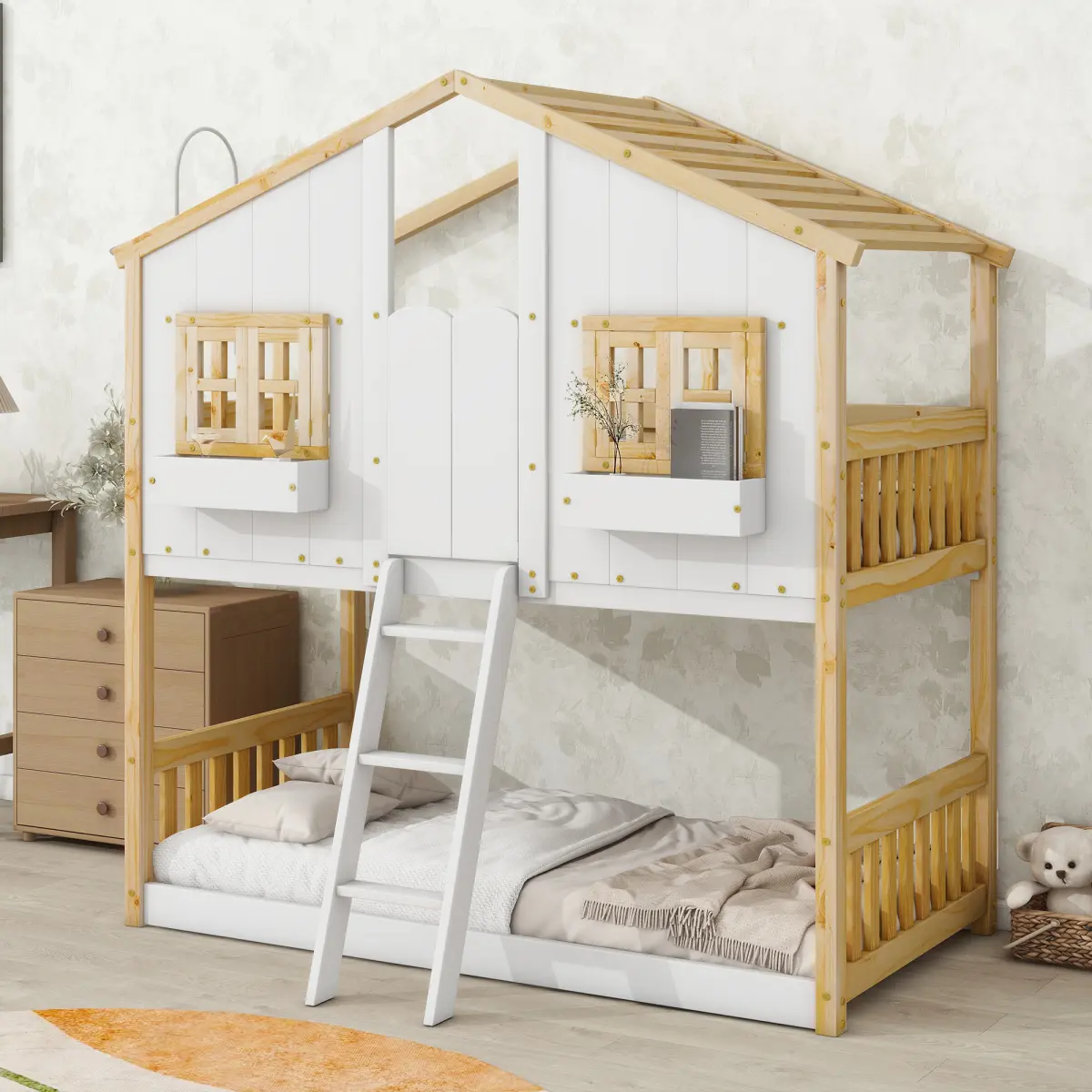 Aobtkel Pine Wood Twin-over-Twin House Bunk Bed, 81.7" x 57.8" x 86.9", 134.5 lbs, with Roof, Window, Window Box, Door, Secure Safety Rails, Ladder, 14 Pcs Top Bed, Natural/White, Assembly Required, Includes Manual