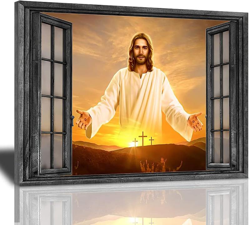 1 Count Jesus Christ Canvas Wall Art Jesus Greets You Welcome Back Window View Sunset Poster Christian Religious Modern Artwork Christ Spiritual Prints Framed Wall Decor For Bedroom Living Room 16x24inch
