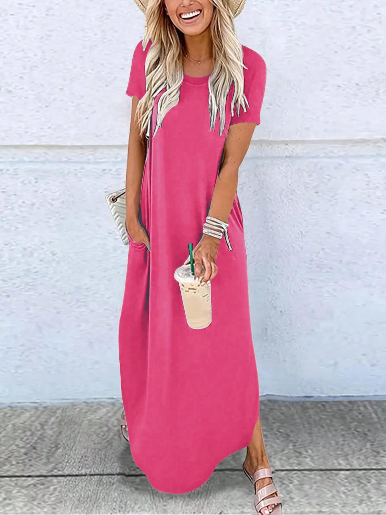 Women's Plain Pocket Round Neck Curved Hem Jersey Tee Dress, Casual Soft Short Sleeve Fit Long Dress for Summer, Ladies Clothes for Daily Wear