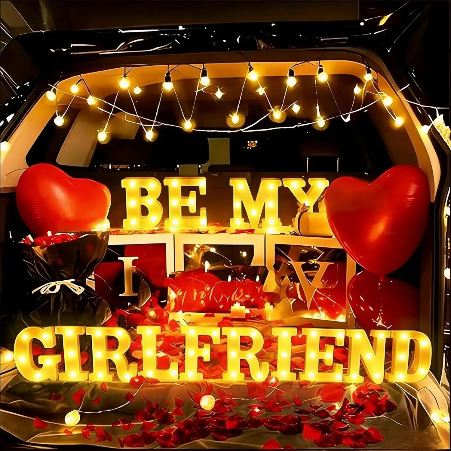 Light Up Letters Proposing Decorations Set with 14 LED Light Letters and 1000 Rose Petals Valentine's Day Ornaments
