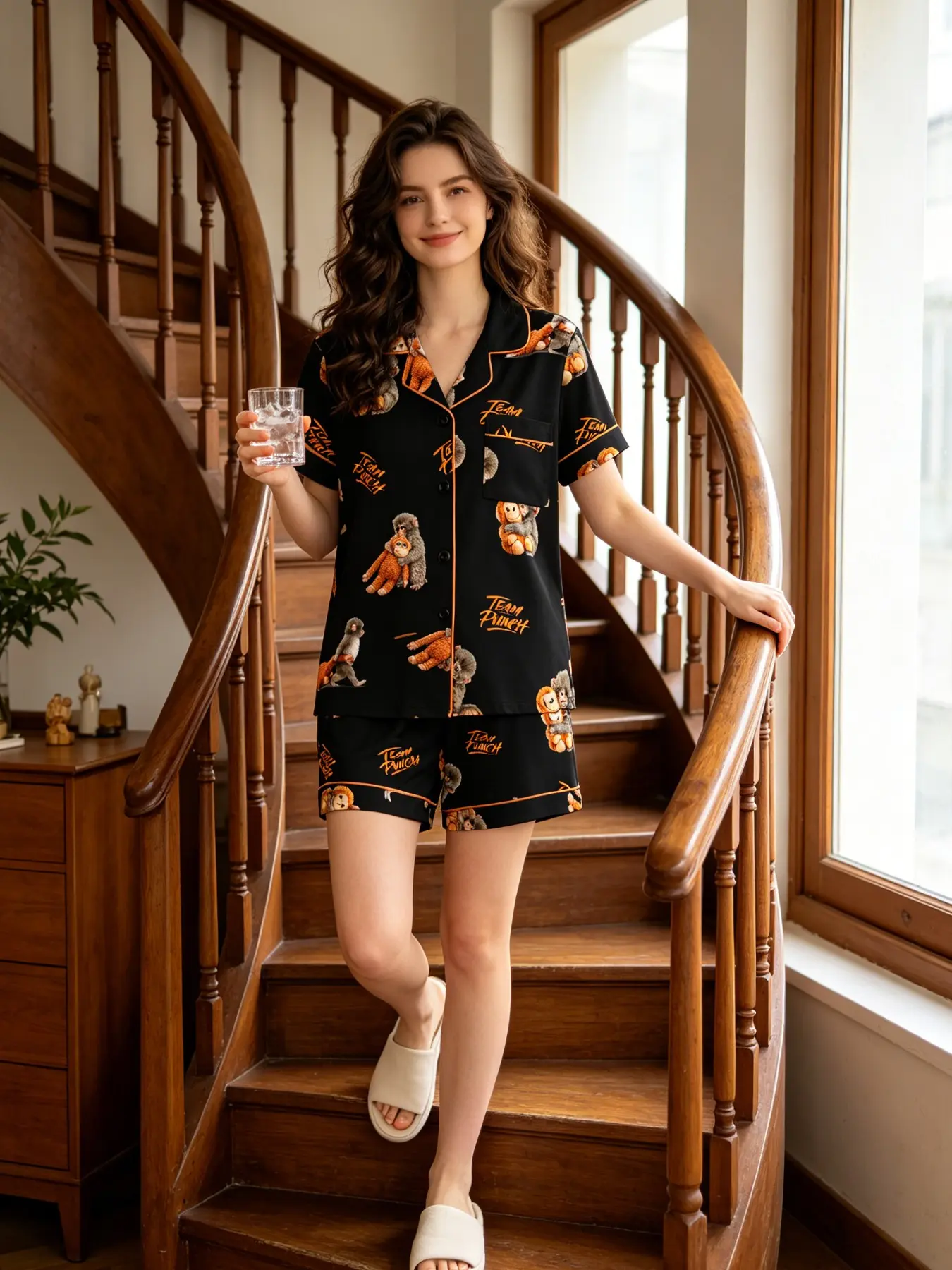 Women's Pajamas Set Monkey Plush Toy Slogan Print Black Summer Short Sleeve Button Down Notch Collar Chest Pocket Elastic Waist Shorts Orange Contrast Trim Soft Breathable Cozy Relaxed Fit Sleepwear Loungewear Nightwear for Home Daily Leisure Wear