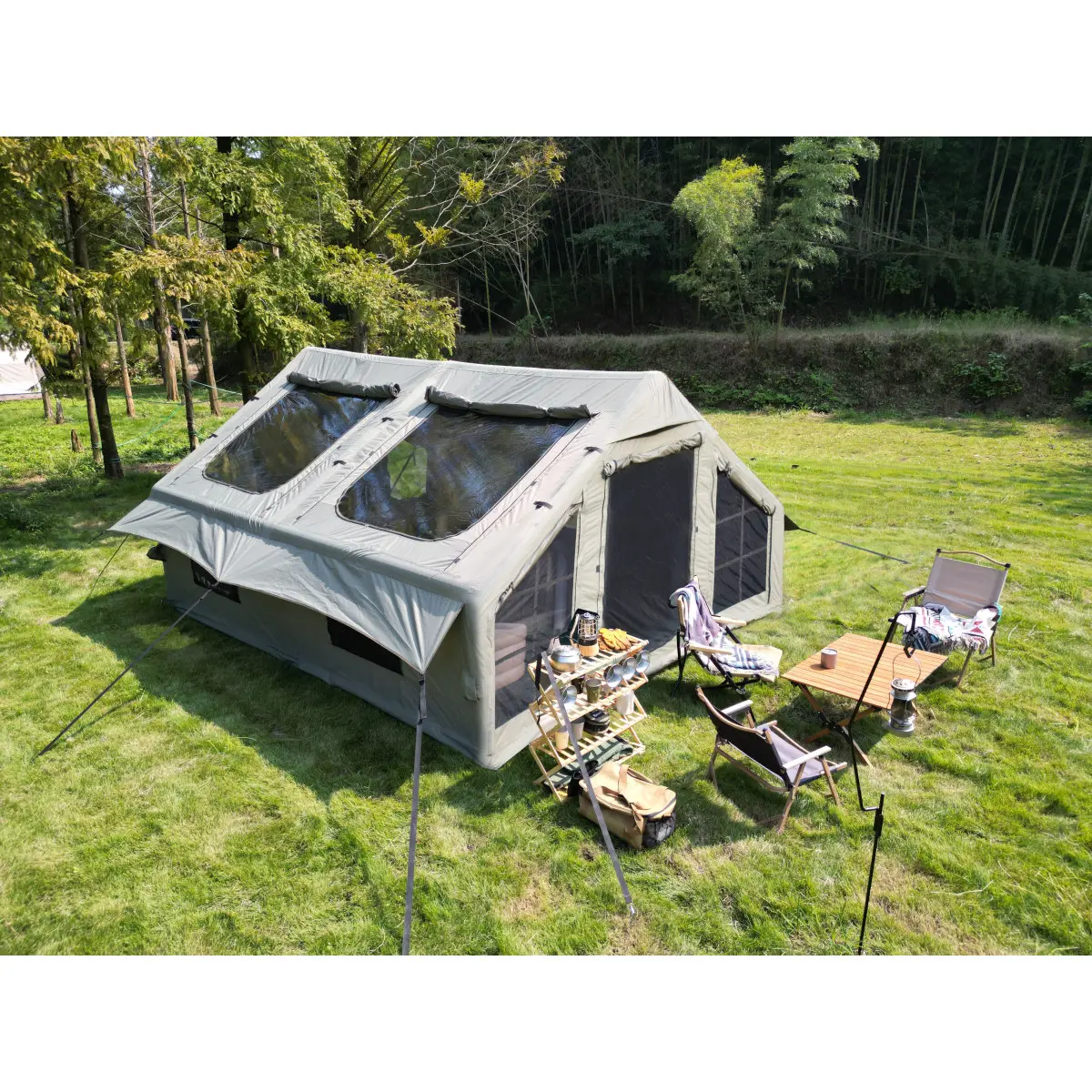 Aobtkel9.8 x13ft  Inflatable Camping Tents with Hand Pump, Air Glamping Tents, Easy Setup Waterproof and Windproof Blow up Tent, 4 Seasons Oxford Cabin Tent with Mesh & Chimney Window. Army green