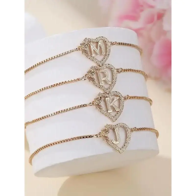 Women's Elegant Heart Design Initial Letter Charm Bracelet, Exquisite Trendy Bracelet, Personalized Fashionable Cute Jewelry for Women & Girls As Gift, Love Gifts for Wife