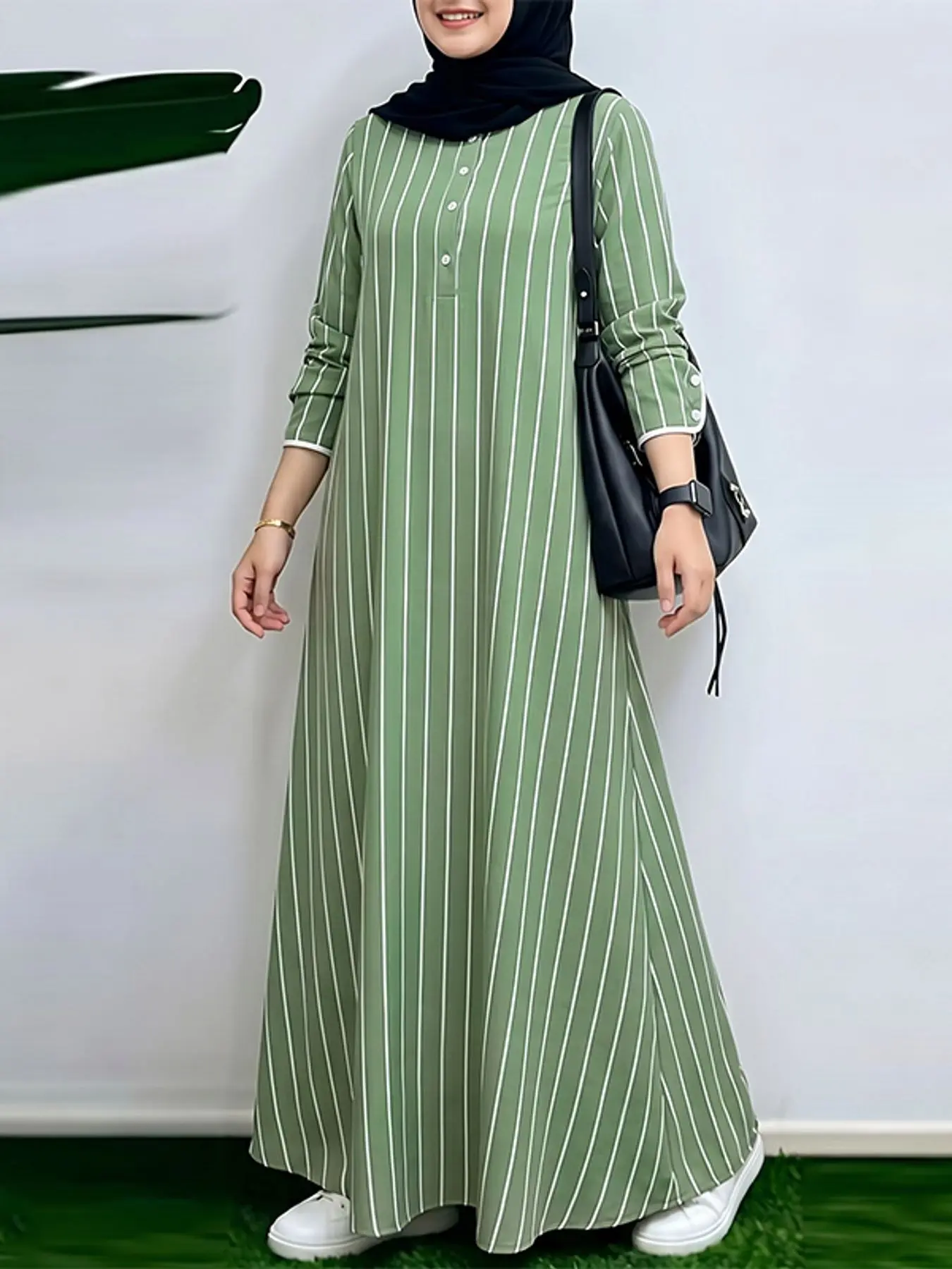 Women's Round Neck Long Sleeve Striped Colorblock Dress, Casual Loose-Fitting Spring & Fall Dress, No Pockets, Unlined, Casual Muslim Clothing