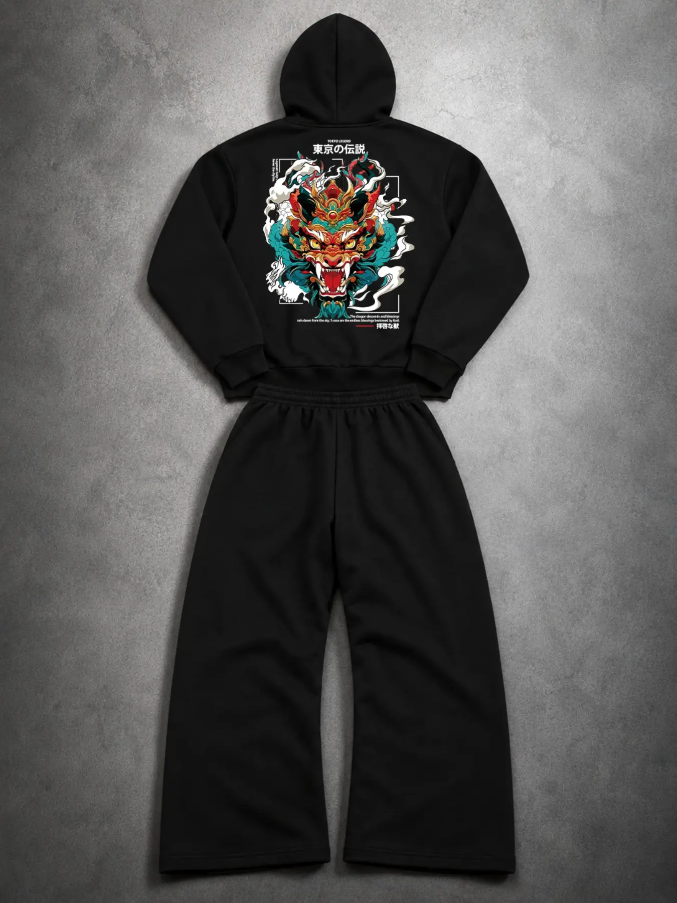 Heavyweight Black Hoodie Sweatsuit with Tokyo Legend Back Print Dragon Graphic - Loose Fit Drop Shoulder Hooded Top & Baggy Joggers Sweatpants Set