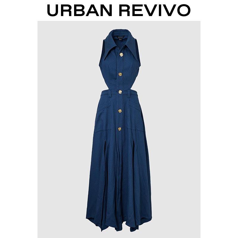 URBAN REVIVO Women's Cutout Denim Dress Sleeveless, High Waist Gold Button Collar Maxi Jean Dress, Retro Flowy Split Dress for Summer Vacation Streetwear
