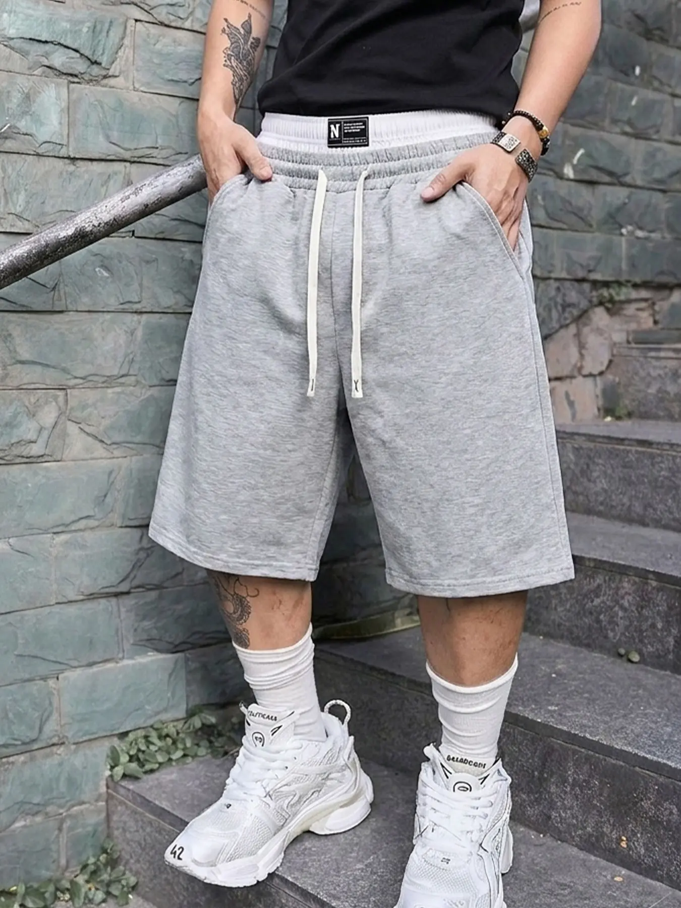 Men's Street Style Shorts, Daily Wear, All Seasons, Loose Fit, Patchwork Plaid Print Dual Waist Fake Two-Piece Shorts, Sporty Design, Casual Streetwear Shorts