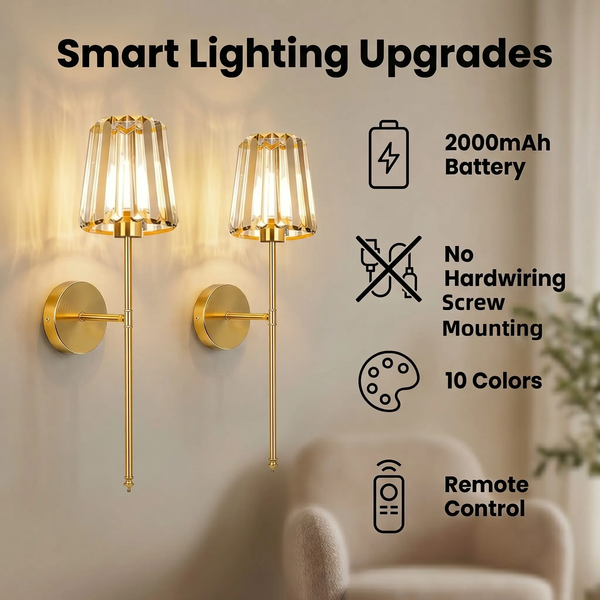 2 Pcs Crystal Wall Light, LED Rechargeable Wall Light, RGB Bulbs with Remote Control and Dimming (2000mAh), Decorative Lighting, Dimmable Lights for Bedrooms, Living Rooms, Hallways, and Entryways