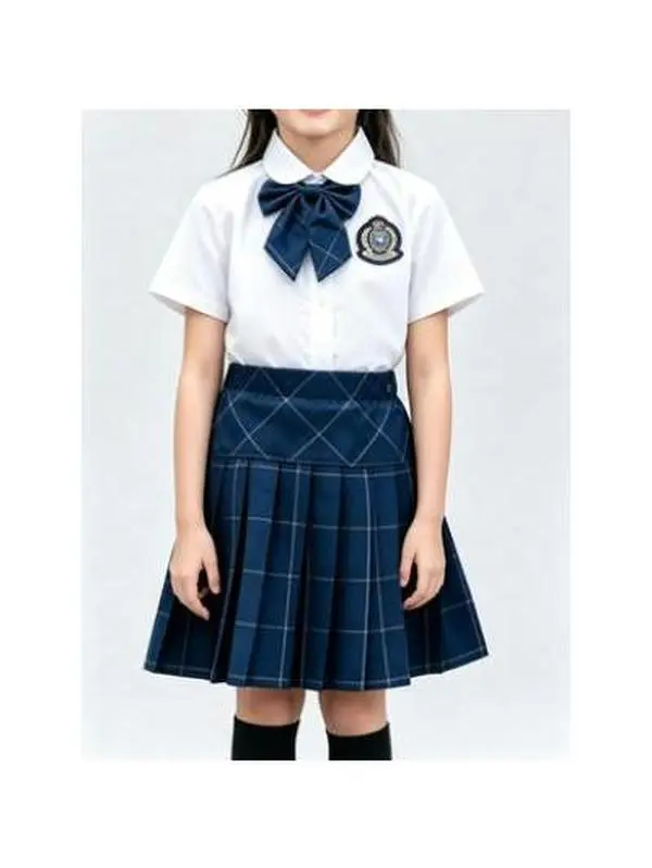Girls' 4-Piece Preppy School Uniform Outfit - Short Sleeve White Button-Down Shirt, Navy Plaid Pleated Skirt, Blue Plaid Waistcoat, Bow Necktie - Back to School Kids' Attire