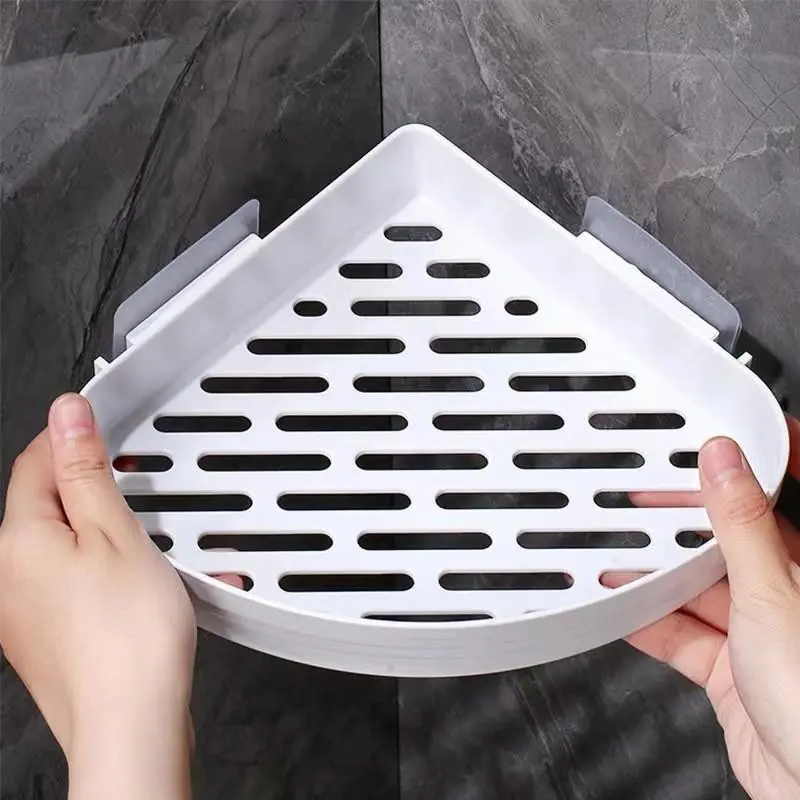 No-Drill Triangle Plastic Wall Corner Shelf, Bathroom Corner Water Drain Organizer, Wall-Mounted Toilet Accessories Basket, 2-Piece Set