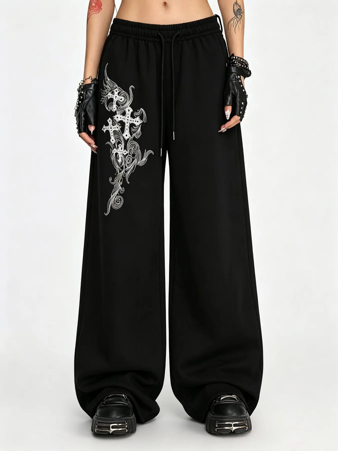 Gothic Cross Embroidery Elastic Drawstring High Waist Wide Leg Sweatpants Alt Punk Y2K Streetwear Loose Casual Daily Jogger Pants for Women Goth Aesthetic Outfit