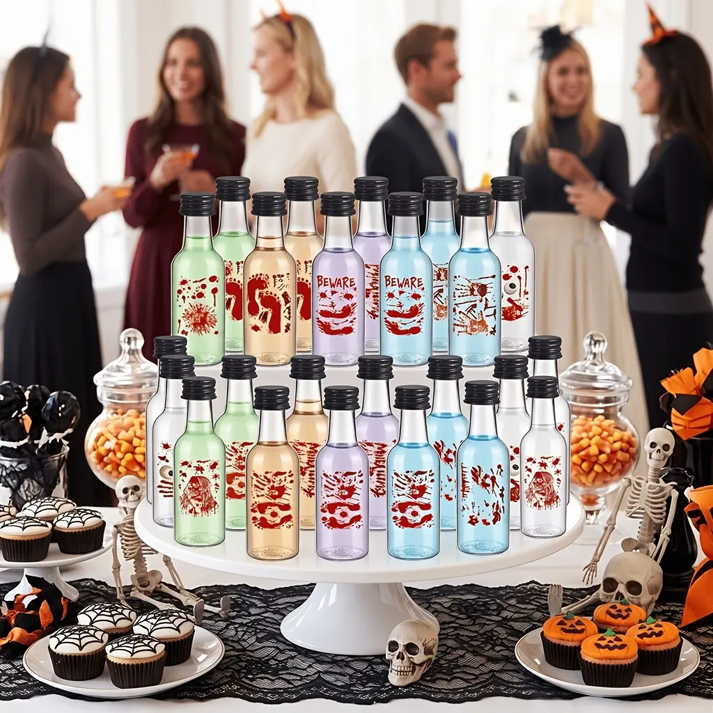 32pcs Halloween Creative Plastic Wine Bottles, Leak Proof, Reusable, Ideal for Wine Storage, Perfect for Parties & Weddings