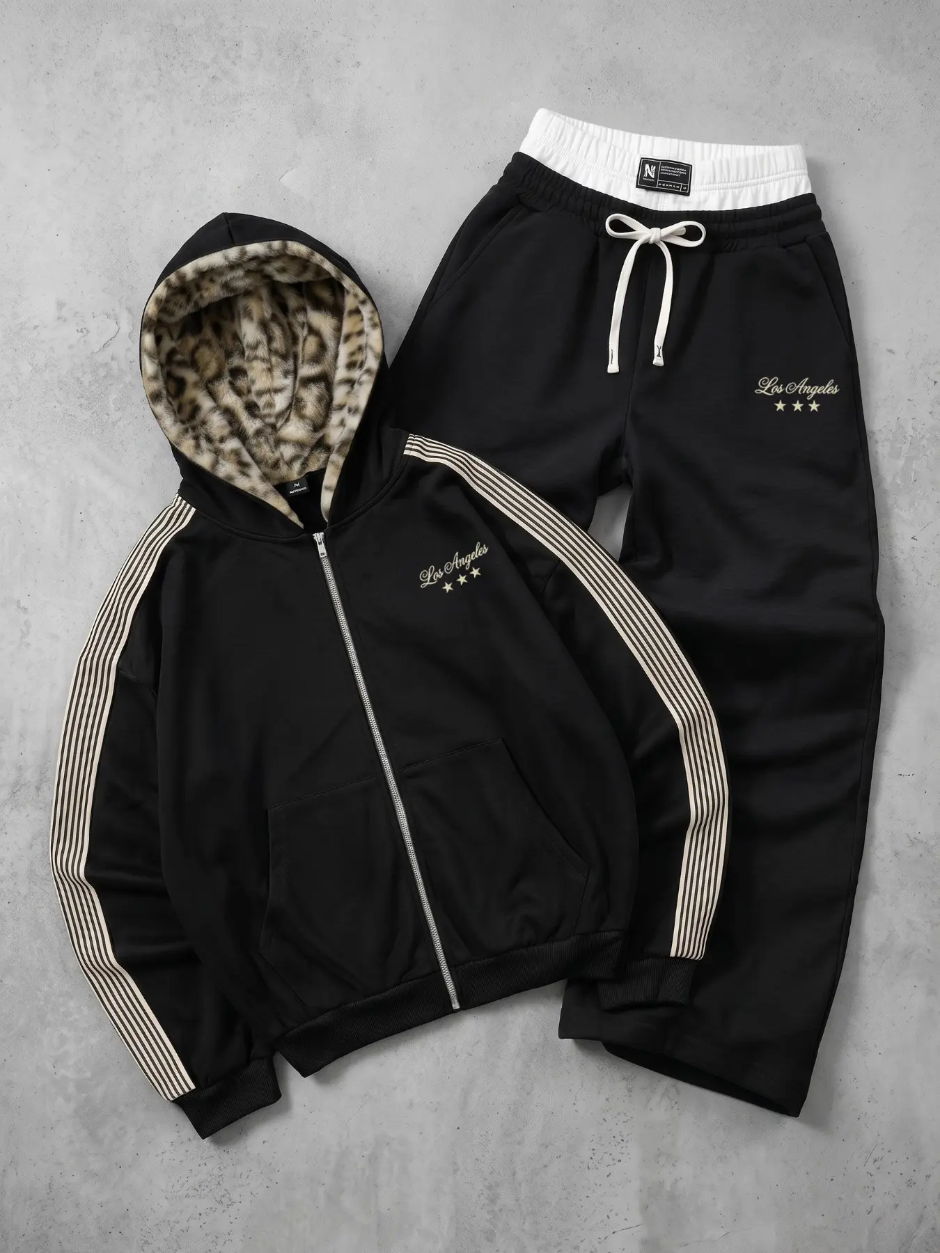Unisex Cropped Zip Up Hoodie Wide Leg Pants Tracksuit, Leopard Liner Striped Sleeve Los Angeles Letter Print 2 Piece Outfit Set, Y2K Hip Hop Streetwear, unisex clothing, menswear clothing, accessories for men, ropa caballero hombre, boyfriend gifts, mens