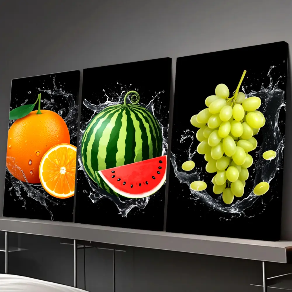 Artistic 3-Piece Framed Canvas Wall Art Triptych - 2D Flat Fruit Print, Multi-Size Splash Colors Watermelon & Grape, Black Background with Orange Marble Houndstooth Pattern, Home Decor Gift for Living Rooms, Thanksgiving/Father's Day Presents