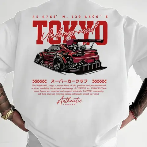 Men's Fitted Car & Letter Graphic Print Round Neck Tee, Fashion Casual Short Sleeve T-Shirt, Men's Streetwear Top for All Seasons, Casual Style Tee for Daily Wear, Menswear