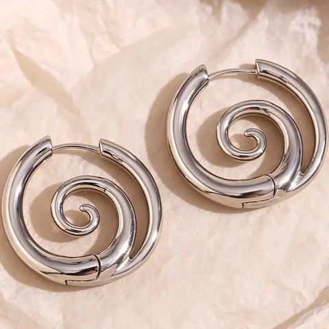 Vintage Polished Spiral Hoop Earrings for Women, Gold Tone Stainless Steel Hypoallergenic Geometric Open Circle Hoops, Minimalist Statement Jewelry, Daily Wear Party Holiday Birthday Gift For Her