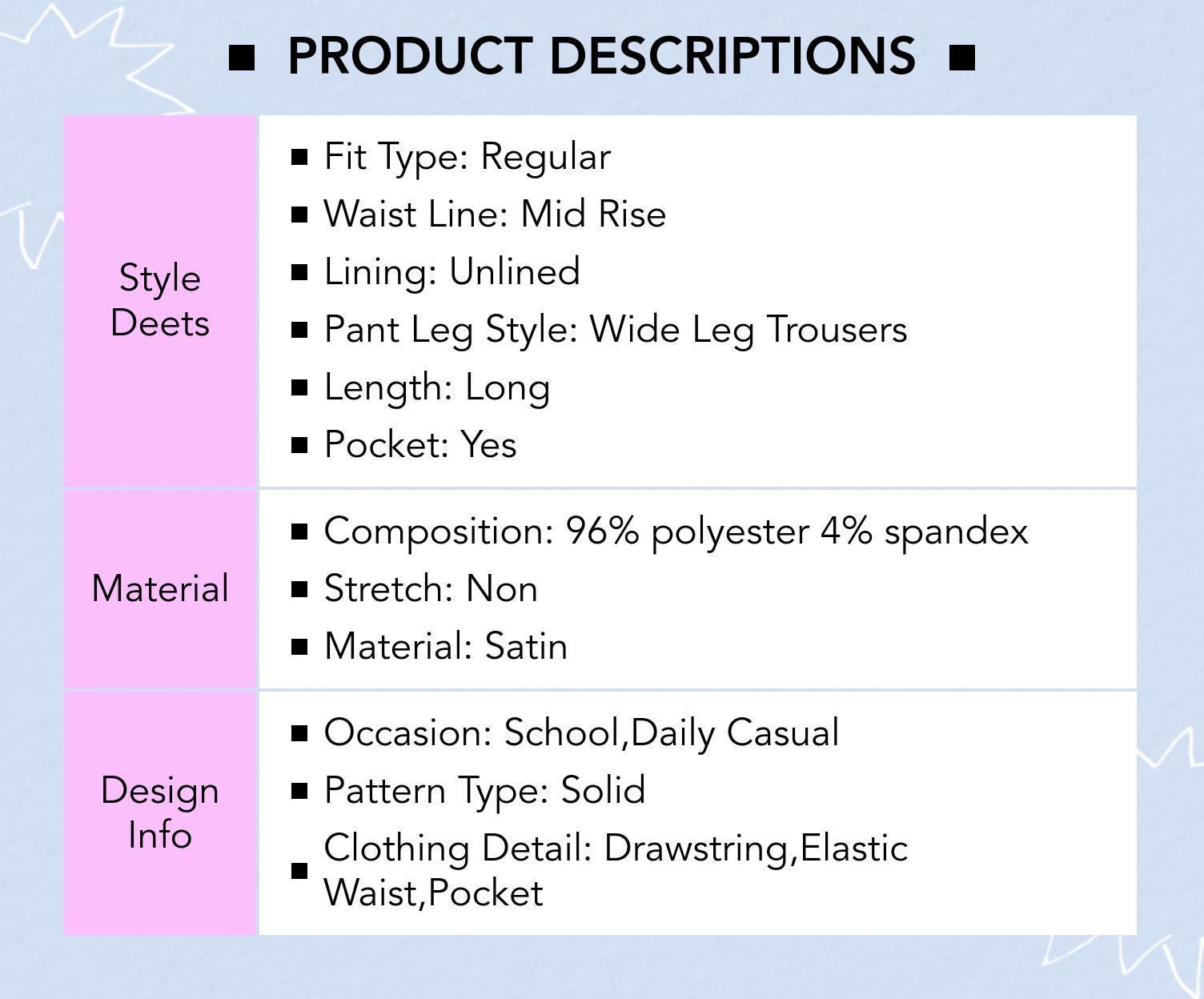 Cider [2 colors, size 2-26] Satin Mid Waist Solid Cargo Drawstring Wide Leg Trousers