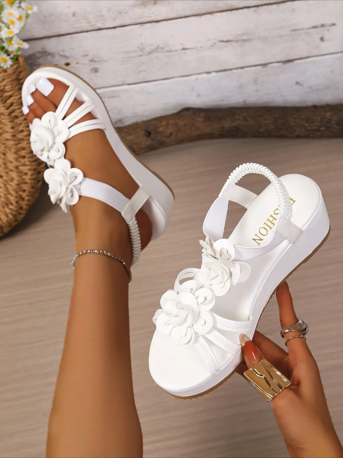 Women's 3D Floral Multi Thin Strap Wedge Platform Sandals, Elastic Slingback Open Toe Wedges, Anti-Slip Thick Sole Casual Footwear for Summer Beach Vacation Daily Party Wear