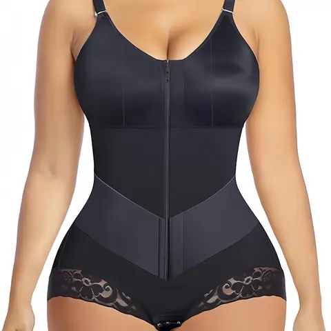 Women's 1 Piece Solid Color Colombian Shapewear, Lace Trim Anti-Slip Leg Hem Fajas Underwear, Front Zipper V-Shaper Belt Bodysuit, Natural Lift Shaper, Breathable Compression Contouring Smooth Shapewear for Daily Comfort Knitted Shapewear