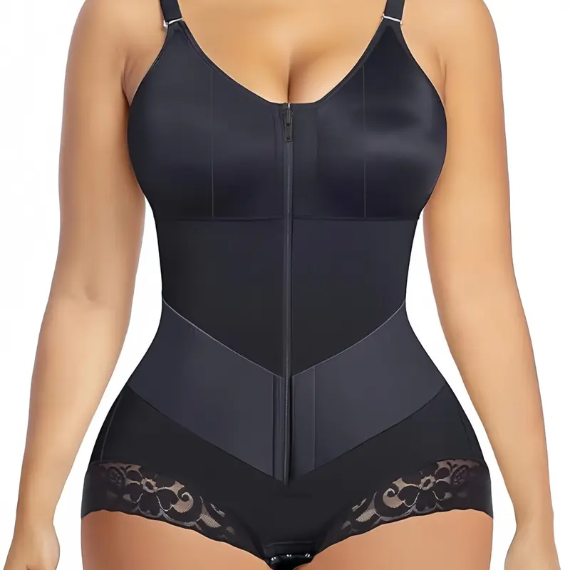 Women's 1 Piece Solid Color Colombian Shapewear, Lace Trim Anti-Slip Leg Hem Fajas Underwear, Front Zipper V-Shaper Belt Bodysuit, Natural Lift Shaper, Breathable Compression Contouring Smooth Shapewear for Daily Comfort Knitted Shapewear